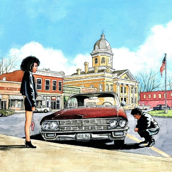 Mud in the Tires, fine art print, Vinny and Lisa, 62 Cadillac convertible, My Cousin Vinny