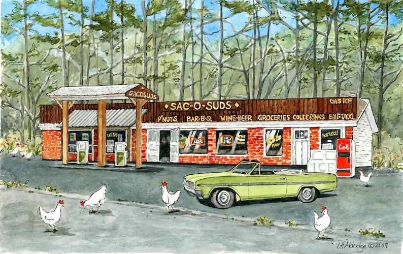 May include: Watercolor painting of a roadside store, "SAC-O-SUDS", with a green convertible car parked in front. Chickens are scattered around the parking area. The store sells gas, ice, and groceries.