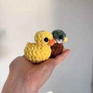 May include: Two handmade crochet ducklings. One is yellow with an orange beak, the other is brown and green. The ducklings have black safety eyes. The ducklings are small and fluffy.