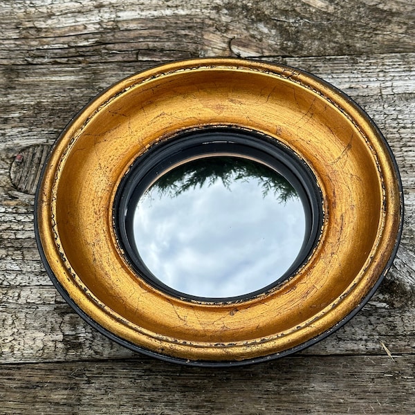 Konvexer Spiegel namens „Hexenauge“, schwarz und kupferfarben, runder Durchmesser 19 cm