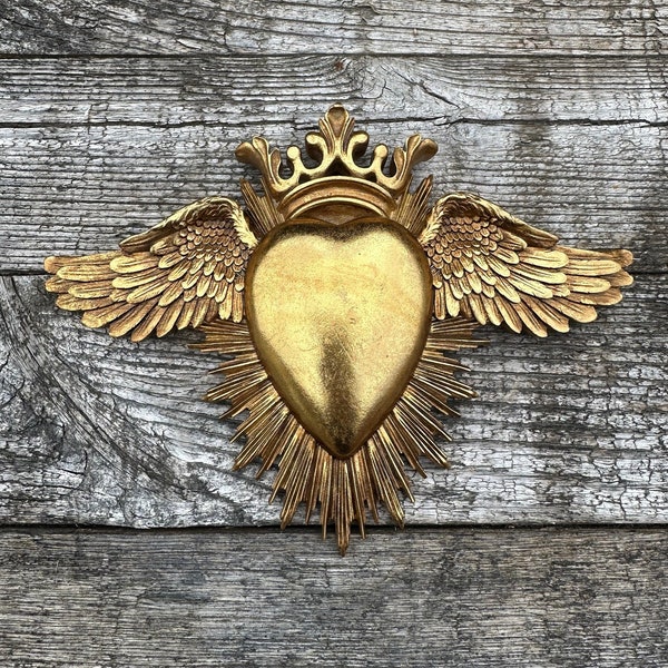 Gouden hart gekroonde engel decoratieve muur ex voto 17x24 cm