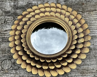 Sun mirror with patinated gold petals and witch's eye, diameter 28 cm