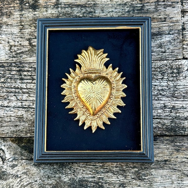 Cadre ex voto coeur flamme doré 18,5x14,5 cm