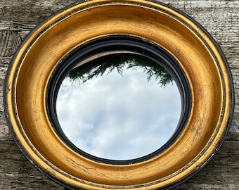 Miroir style Napoléon III noir et doré cuivré avec oeil de sorcière Diam 23 cm