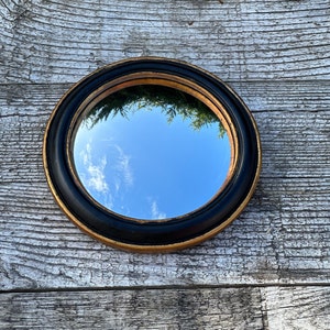 Round mirror "New" black and old-fashioned golden patina with witch's eye diam. 19 cm