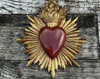 Gold and red patinated heart wall decoration ex voto 17 x 15 cm