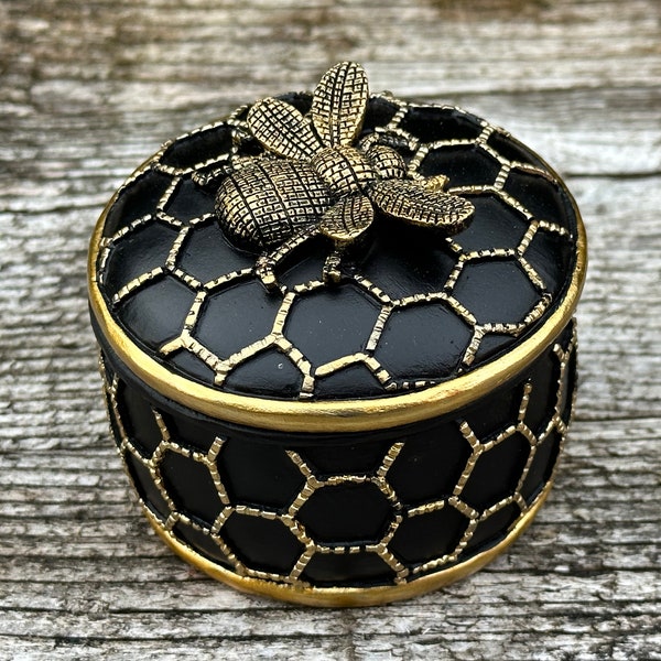 Boite abeille noir et doré patiné diam 8 cm