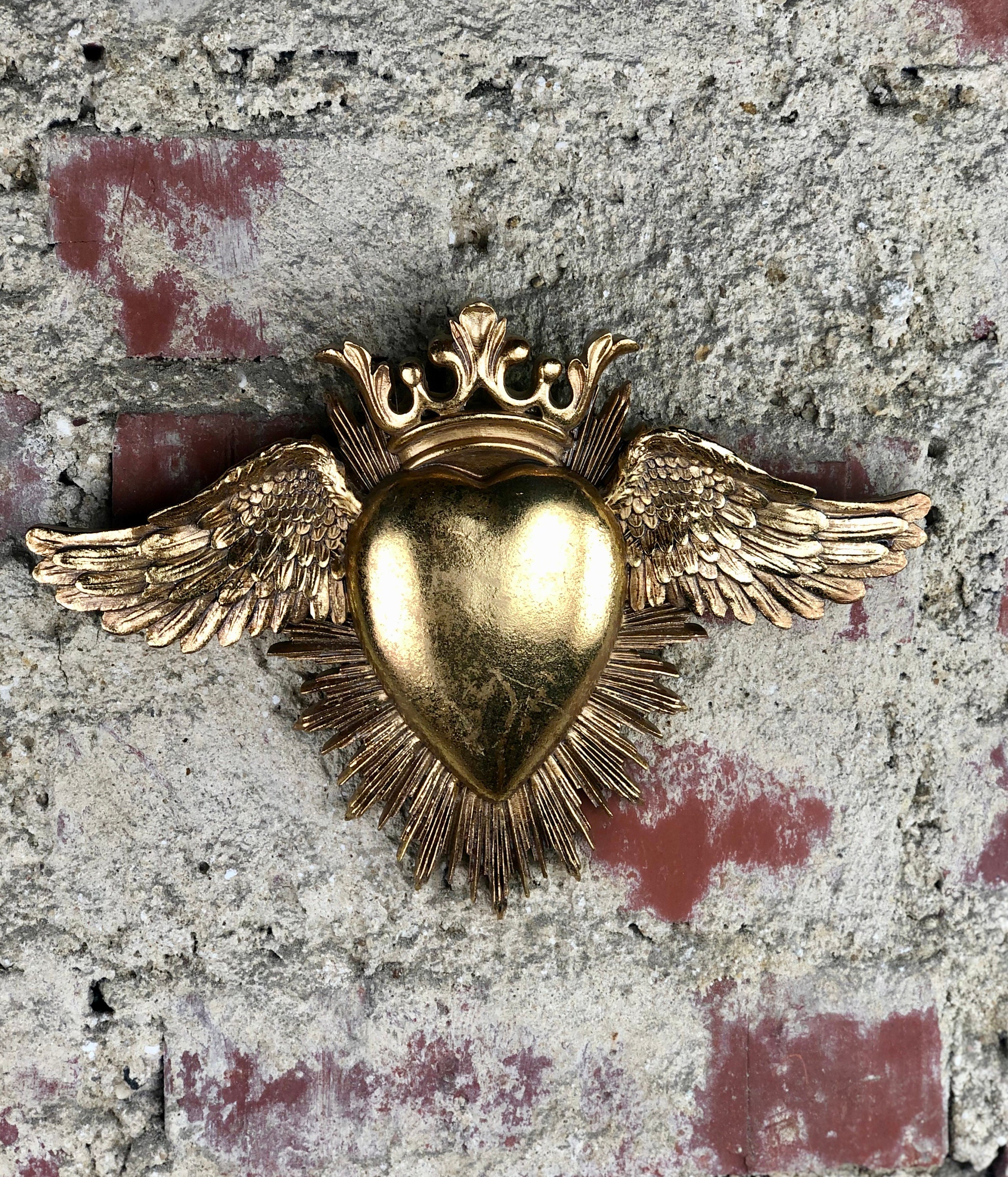 Coeur Doré Ange Couronné Décoratif Mural Ex Voto 17x24 cm