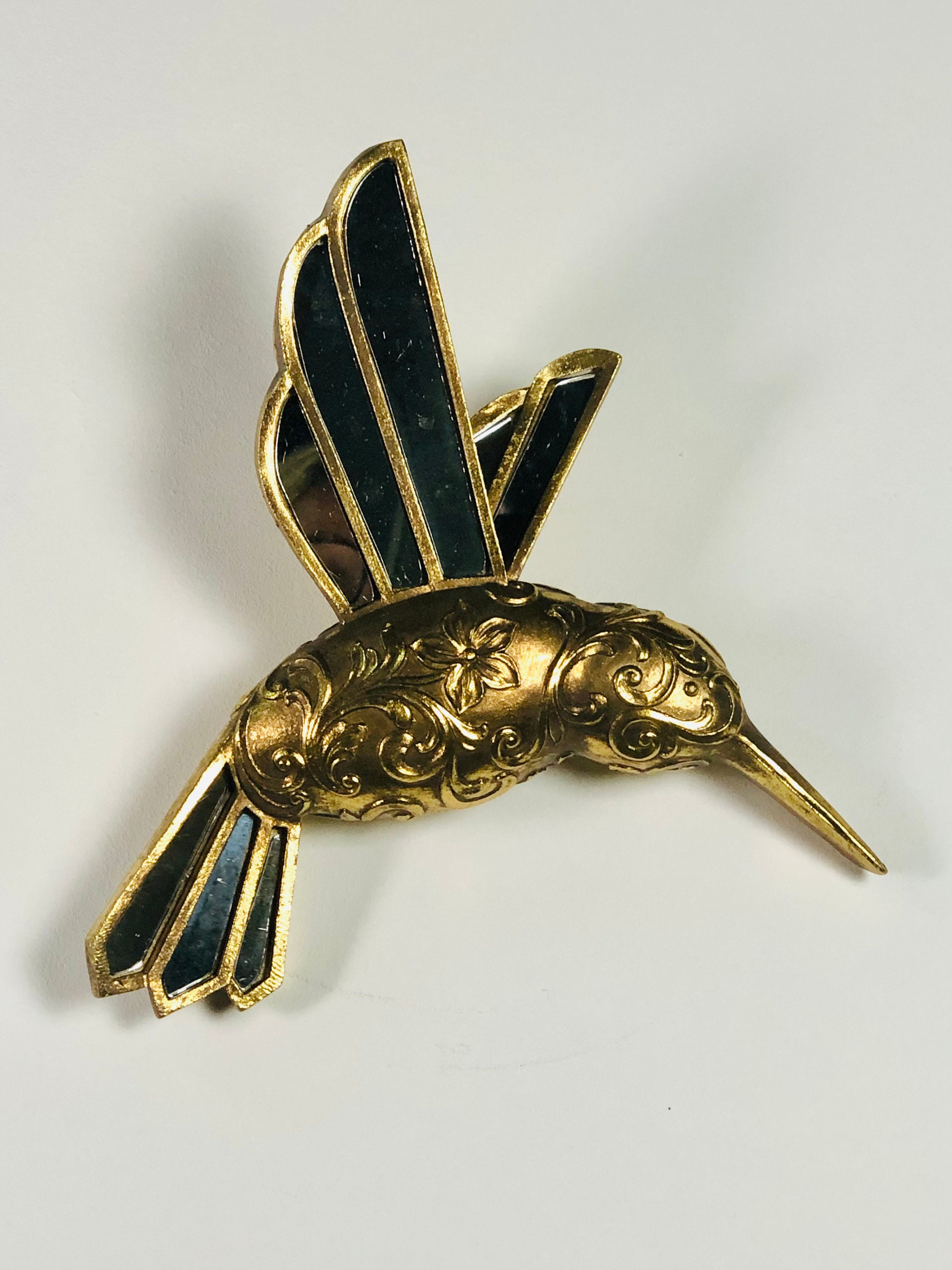 Colibri Oiseau Décoratif Mural Doré Patiné à 8 Facettes Miroirs