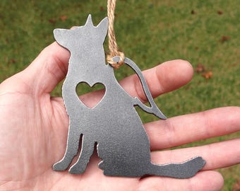 Personalized German Shepherd Pet Memorial Ornament 4, Textured Cast-Iron Look, Dog Sympathy Gift with Angel Wings & Heart, Raw Steel