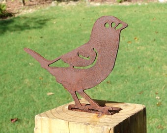Rusty Indigo Bunting Fence Topper, Metal Bird Yard Art Silhouette, Outdoor Garden Decor, Post Railing Accent Sign, Rustic Songbird Sculpture