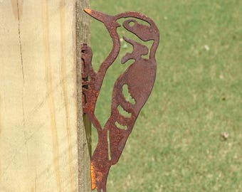 Rusty Downy Woodpecker Fence Topper, Metal Bird Yard Art Silhouette, Outdoor Garden Decor, Post Railing Accent Sign, Rustic Tree Sculpture