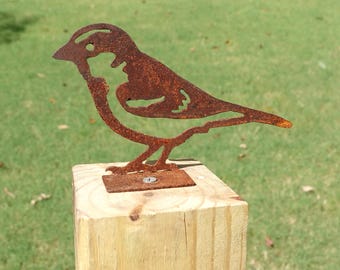 Rusty House Sparrow Fence Topper, Metal Bird Yard Art Silhouette, Outdoor Garden Decor, Post Railing Accent Sign, Rustic Songbird Sculpture