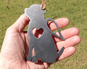 Personalized Labrador Retriever Pet Memorial Ornament 3, Textured Cast-Iron Look, Dog Sympathy Gift with Angel Wings & Heart, Raw Steel