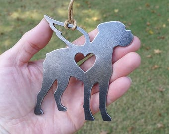 Personalized Boxer Dog Pet Memorial Ornament 5, Textured Cast-Iron Look, Dog Sympathy Gift with Angel Wings & Heart, Raw Steel