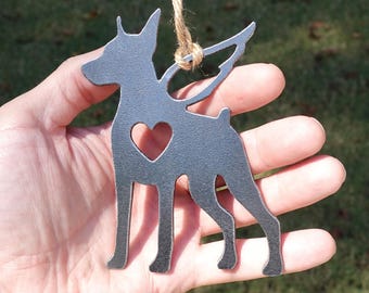 Personalized Doberman Pinscher Pet Memorial Ornament 2, Textured Cast-Iron Look, Dog Sympathy Gift with Angel Wings & Heart, Raw Steel