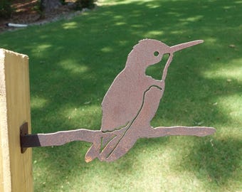 Hummingbird on Branch Rusty Metal Yard Art 11 - Rusted Metal Hummingbird Gift Garden Art - Hummingbird Yard Art - With Post/Wall Mount