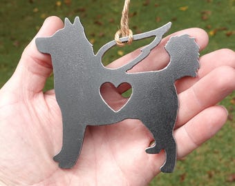 Personalized Husky Dog Pet Memorial Ornament, Textured Cast-Iron Look, Dog Sympathy Gift with Angel Wings & Heart, Raw Steel