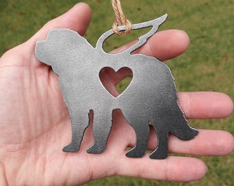 Personalized Saint Bernard Pet Memorial Ornament, Textured Cast-Iron Look, Dog Sympathy Gift with Angel Wings & Heart, Raw Steel