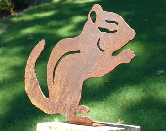 Rusty Chipmunk Metal Yard Art - Rusted Metal Chipmunk Garden Art Gift - Steel Garden Sculpture with Post Mount - 7 inch wide