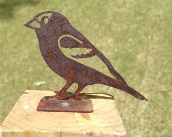 Rusty Metal American Goldfinch Bird - Steel Garden Bird - Rusted Goldfinch Garden Decor Metal Sculpture - Post / Fence Mount - 3 inches tall