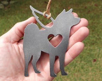Personalized Shiba Inu Pet Memorial Ornament, Textured Cast-Iron Look, Dog Sympathy Gift with Angel Wings & Heart, Raw Steel