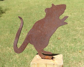 Rusty Metal Rat Fence Topper, Metal Rat Yard Art Silhouette, Outdoor Garden Decor, Post and Railing Accent Sign, Rustic Rodent Sculpture 6in