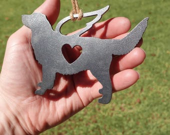 Personalized Golden Retriever Pet Memorial Ornament 4, Textured Cast-Iron Look, Dog Sympathy Gift with Angel Wings & Heart, Raw Steel