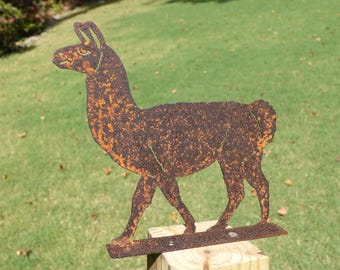 Rusty Llama Fence Topper, 8.5 Inch Metal Alpaca Yard Art, Outdoor Garden Decor, Post and Railing Accent Sign, Rustic Farm Animal Silhouette