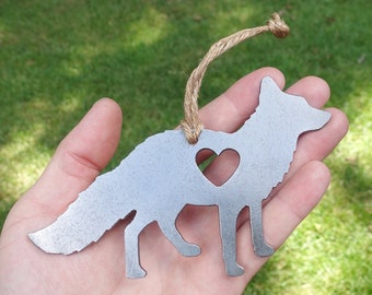 Personalized Fox Ornament Raw Steel - Woodland Animal Decor - Fox Hanging Decoration - Metal Fox Christmas Ornament - Cabin Decor Fox Gift