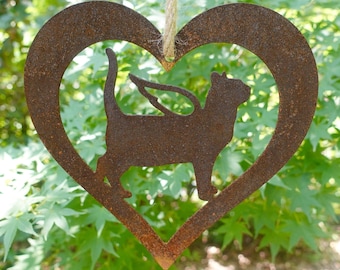 Rusty Metal Bengal Cat Angel Pet Memorial Ornament - Cat Sympathy Gift - Pet Loss Gift - Outdoor Hanging Cat Heart Yard Garden Art - 7 in