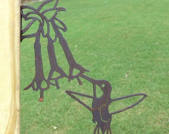 Hummingbird With Flower Rusty Metal Yard Art 4 - Rusted Metal Hummingbird Garden Art - Hummingbird Yard Art - With Post/Wall Mount