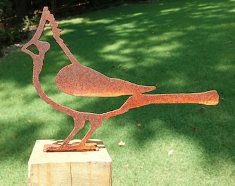 Rusty Cardinal Bird Metal Yard Art - Rusted Metal Cardinal Garden Art Gift - Steel Bird Garden Sculpture with Post Mount - 9 inch wide