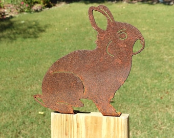 Rusty Rabbit Fence Topper, Metal Bunny Yard Art Silhouette, Outdoor Garden Decor, Post and Railing Accent Sign, Rustic Wildlife Sculpture