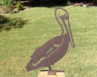 Rusty Pelican Fence Topper, Metal Brown Pelican Yard Art, Outdoor Garden Decor, Post and Railing Accent Sign, Coastal Bird Silhouette