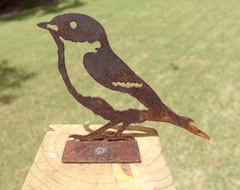 Rusty Metal Eastern Bluebird - Steel Garden Bird - Rusted Eastern Bluebird Garden Decor Sculpture - Post / Fence Mount - 3.5 inches tall