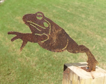 Rusty Metal Frog Silhouette, Steel Garden Art, Fence Topper, Jumping Toad Yard Ornament, Railing Post Mount Decor, Nature Lover Gift 8 Inch