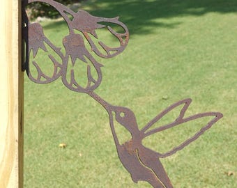 Hummingbird With Flower Rusty Metal Yard Art 2 - Rusted Metal Hummingbird Garden Art - Hummingbird Yard Art - With Post/Wall Mount