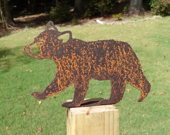 Rusty Bear Cub Fence Topper, 10 Inch Metal Bear Yard Art, Outdoor Garden Decor, Post and Railing Accent Sign, Rustic Wildlife Silhouette