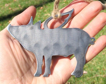 Pig Ornament W/ Angel Wings - Rustic Raw Steel Christmas Tree Ornament Metal Animal Lover Gift - Farm Decor