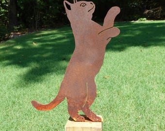 Rusty Cat Metal Yard Art 8 - Rusted Metal Cat Garden Art Gift - Steel Cat Garden Sculpture with Post Mount - 12 inch tall