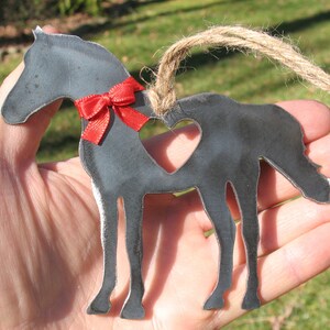 Horse Ornament W/ Red Bow - Rustic Raw Steel Easter Basket Gift for Him Her - Metal Animal Lover Gift Horse Memorial - Horse Lover Gift