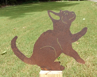 Rusty Cat Metal Yard Art 4 - Rusted Metal Cat Garden Art Gift - Steel Cat Garden Sculpture with Post Mount - 12 inch wide, 9.75in Tall