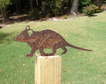 Metal Opossum Fence Topper, 14 Inch Rusty Possum Cutout, Outdoor Garden Decor, Rustic Yard Art Silhouette, Post and Railing Accent