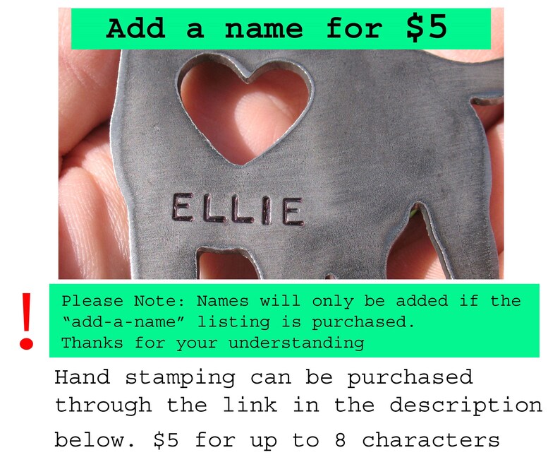 May include: A metal cutout of a dog with a heart-shaped hole in the center. The dog's name "ELLIE" is stamped on the metal. The image includes the text "Add a name for $5".