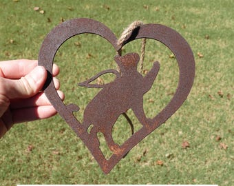 Cat Angel Memorial Rusty Metal Heart 3, Pet Loss Sympathy Gift, Cat Grave Marker, Outdoor Pet Cemetery Decor, Cat Lover - 7 Inch