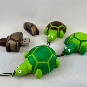 Könnte beinhalten: Vier schildkrötenförmige USB-Sticks. Zwei sind grün mit braunen Akzenten und zwei sind braun mit grünen Akzenten. Die Sticks sind durch schwarze Schnüre verbunden.