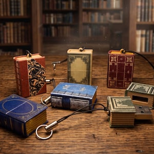 Könnte beinhalten: Eine Sammlung von sechs buchförmigen USB-Sticks mit verschiedenen Einbanddesigns in Rot, Blau, Grün und Beige. Jeder Stick verfügt über ein schwarzes Band mit Metallring, und ein Stick ist geöffnet, um den USB-Anschluss zu zeigen.