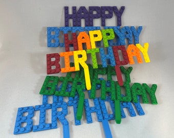 Happy Birthday cake topper in a building block design – colorful cake decoration from a 3D printer