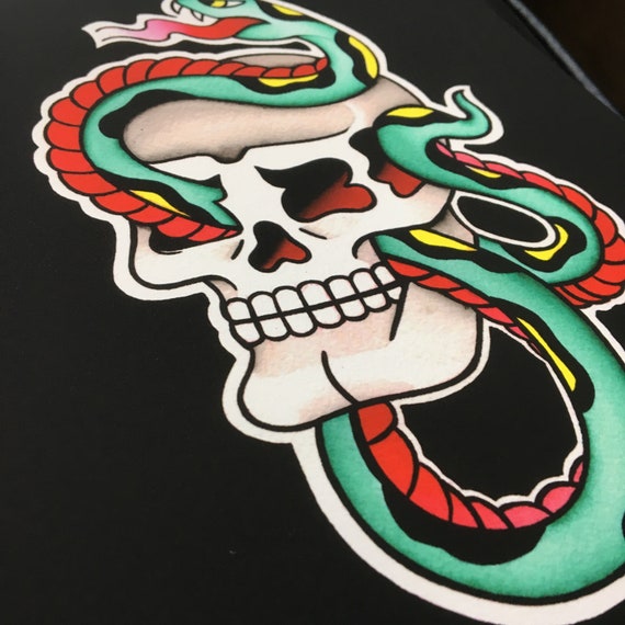 Neo American Traditional Snake And Skull Tattoo Design Print